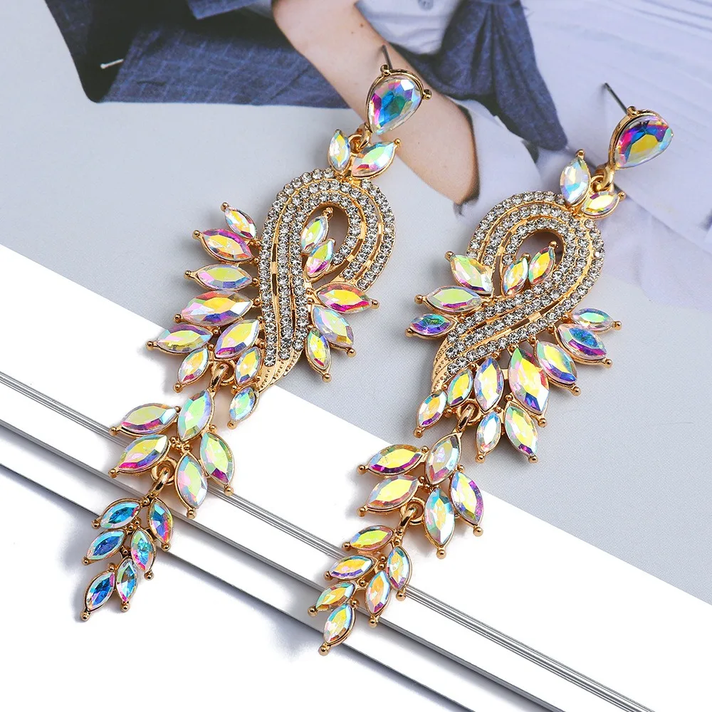 fashion leaf note colored crystal long hanging jewellery for girls earrings women retro light luxury exquisite Ladies\' earings