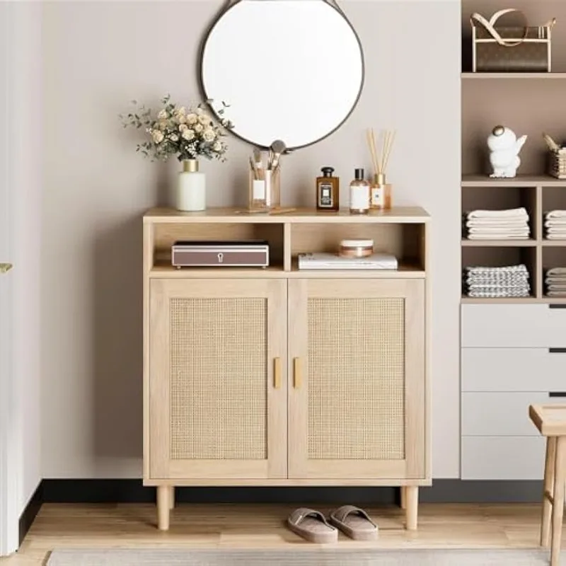 

Rattan Sideboard Buffet Cabinet – 2-Door Kitchen Storage with Adjustable Shelf, Modern Farmhouse TV Stand & Coffee Bar for Dinin