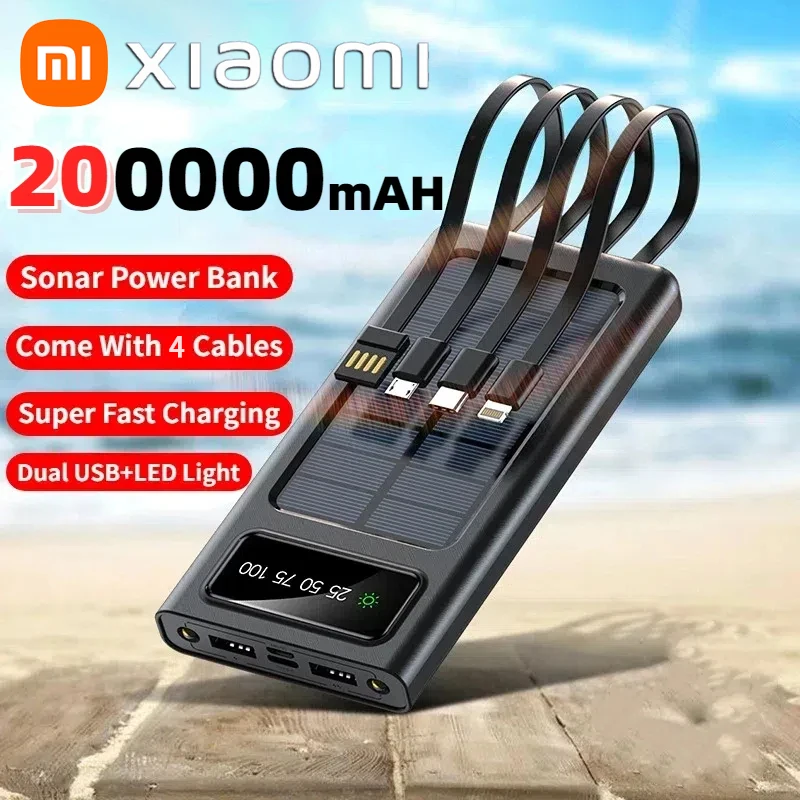 Xiaomi 200000 بنك طاقة يعمل بالطاقة الشمسية بقدرة كبيرة في الساعة، بطارية شحن سريع مع كابلات USB مزدوجة لهاتف iPhone وSamsung