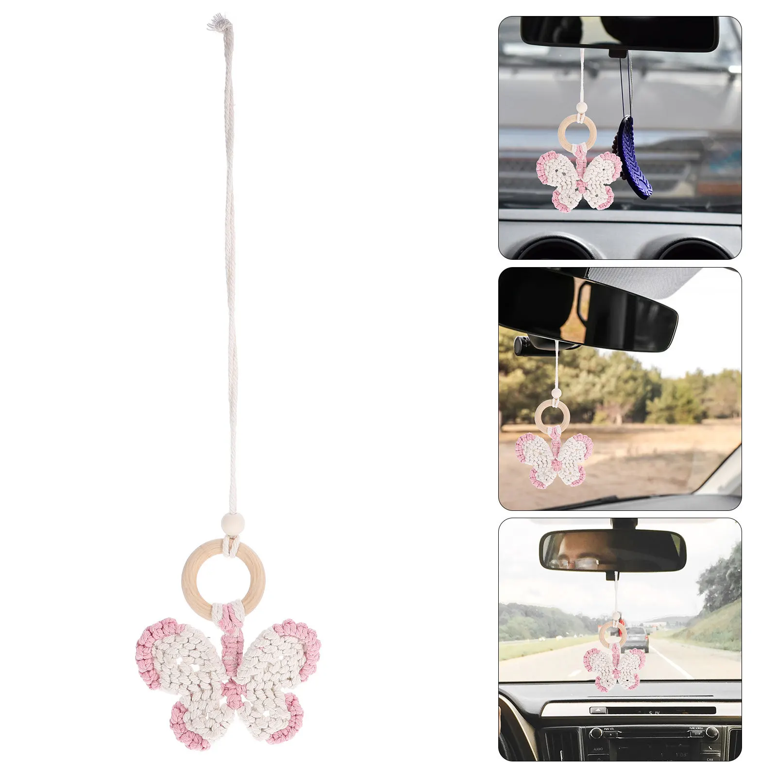 

Butterfly Car Hanging Ornament Wooden Cotton Rope Woven Rearview Mirror Pendant Car Accessories Stylish Interior Decor