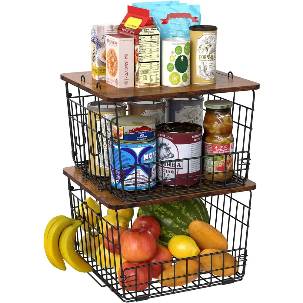 

2 Pack Stackable Wire Basket with Wood Top, Pantry Organizer and Storage, Potato Basket Onion Storage for Kitchen Counter, Onio