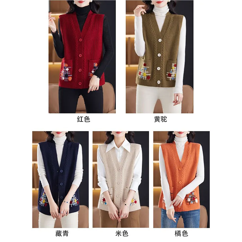 Novo colete de tricô casaco feminino primavera outono 2026 mãe de meia idade sem mangas jaqueta curta cardigan high-end senhoras colete topo