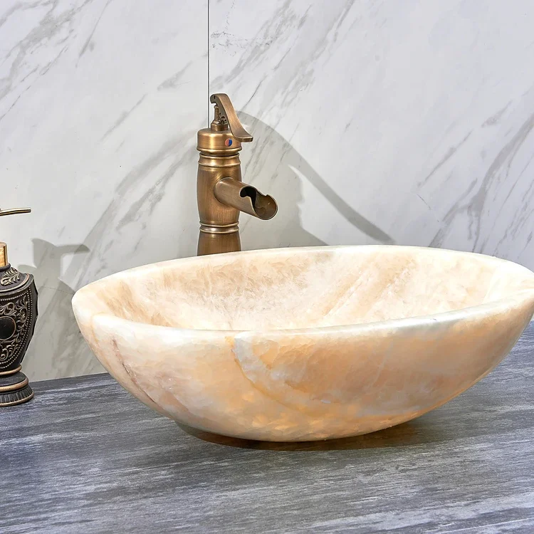 Oval shape Natural marble bathroom golden onyx sink bowl