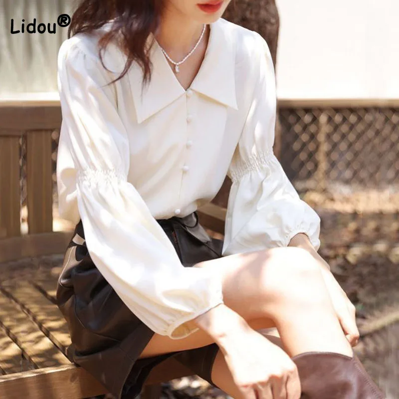 

Spring Summer Lantern Sleeve Solid Color Sweet Shirt Women's Clothing Fashion Folds Spliced Vintage Turn-down Collar Blouse