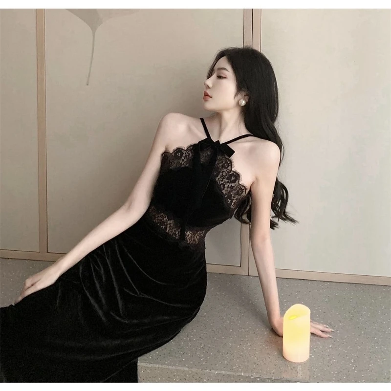 Birthday Skirt Spring and Summer New Design French Small Fragrance Bow Halter Neck Velvet Dress