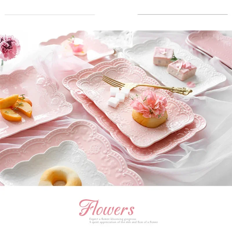 

6-12 Inches Dinner Plates Square White Porcelain Tray European Lace Fruts Dishes Kitchen Accessories 1pcs ceramicCake trays Stea