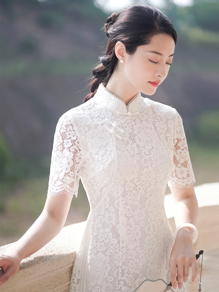 

Летнее женское длинное платье-ципао Ele Young Sle Lace в стиле ретро с китайским воротником и высоким разрезом