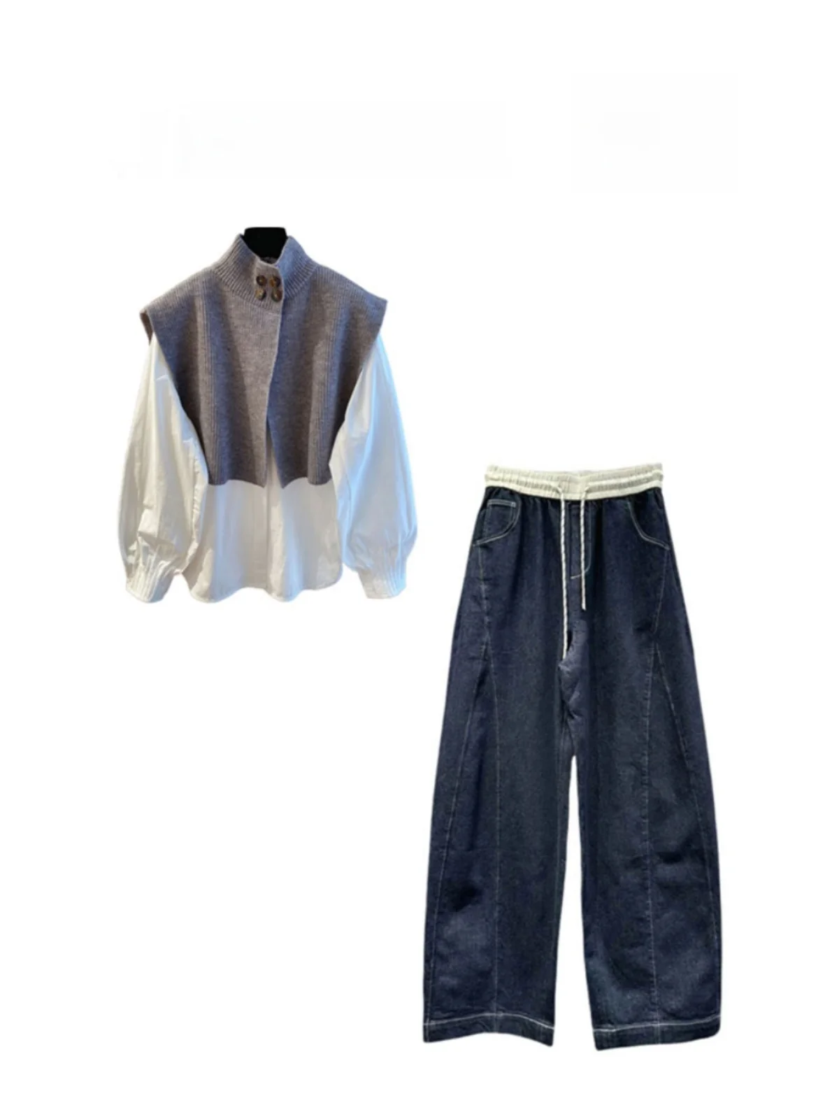 

Spring 2025 Women's Knitted Vest irt Set Loose Jeans Two-Piece Suit Korean Sle Versatile Casual Faion Hanfu