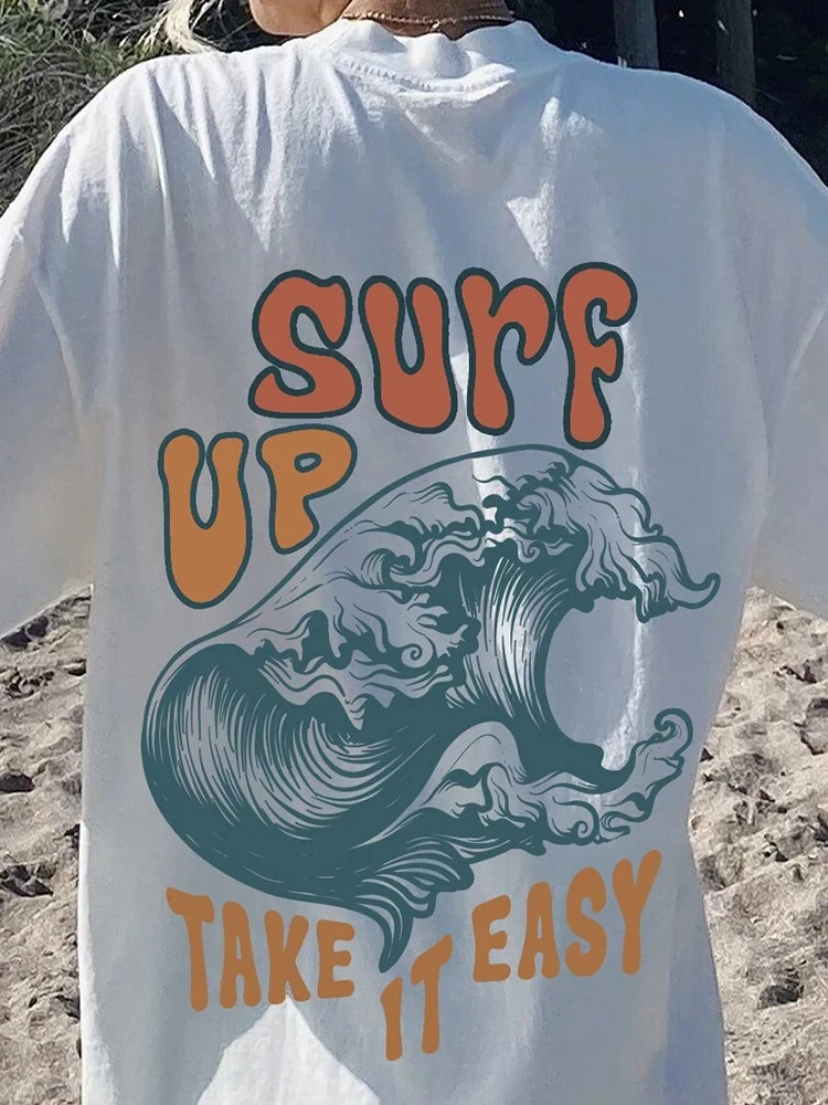 Surf Up Take It Easy Printed Tshirt Women Hip Hop Summer Tops Street Fashion Short Sleeve Cool Breathable Tshirts Woman