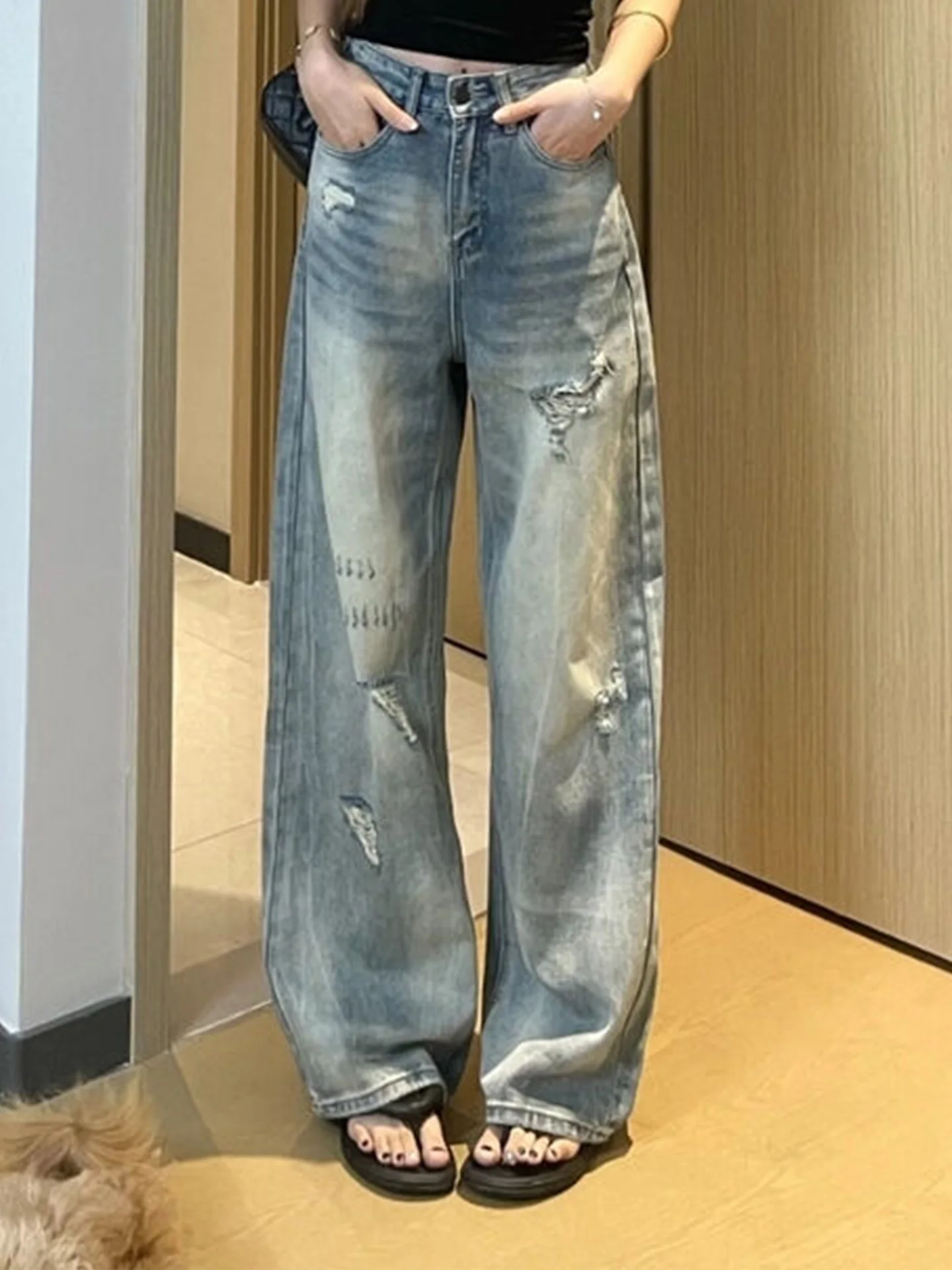 

High Waist Wide Leg Jeans Women's American Style Retro Washed High Street Straight Leg Jeans Summer New Hole Punching Slimmin...