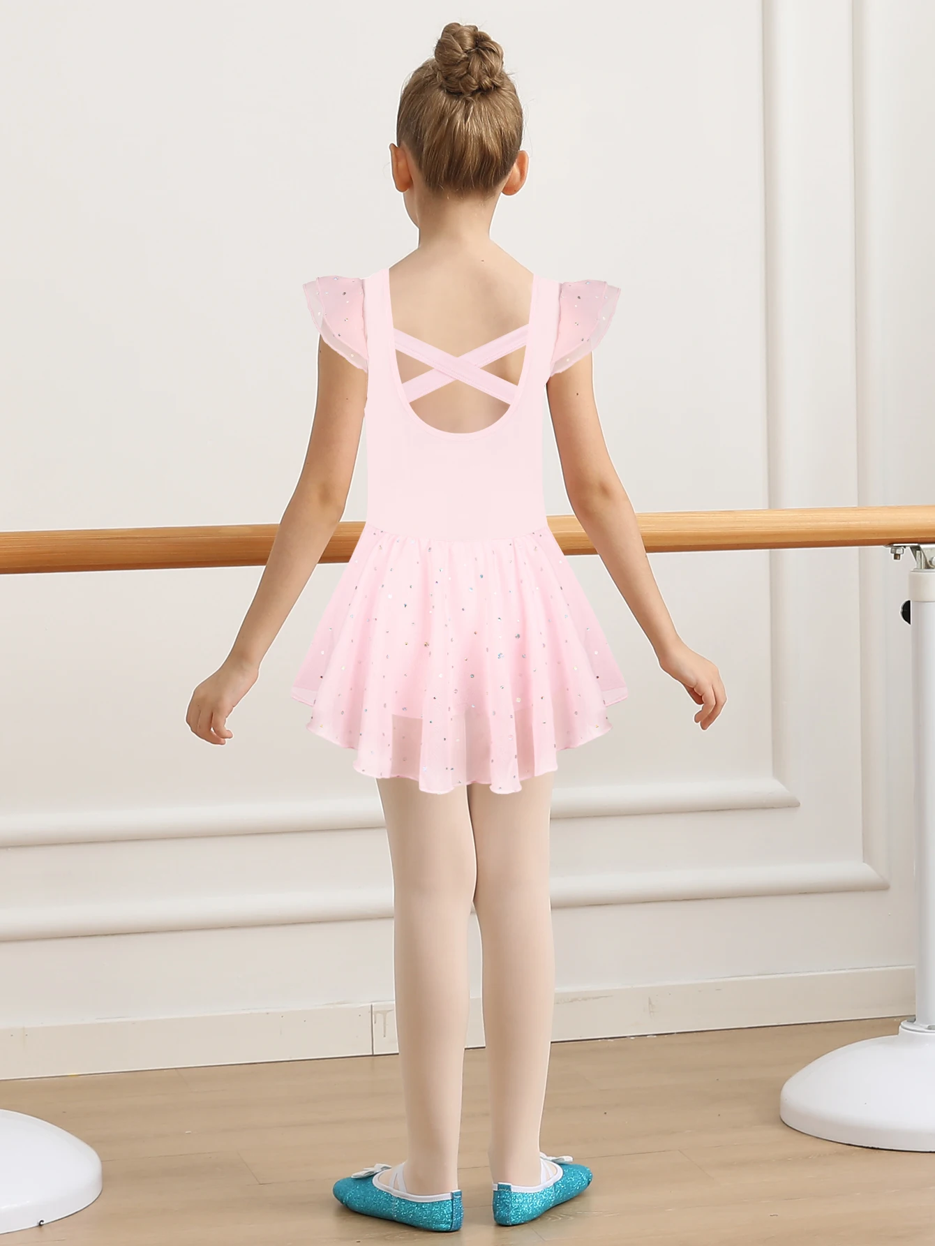 Girls Ballet Leotard Shiny Ruffle  Sleeve Dance Dress with Criss-Cross Back Toddler Ballerina Outfits