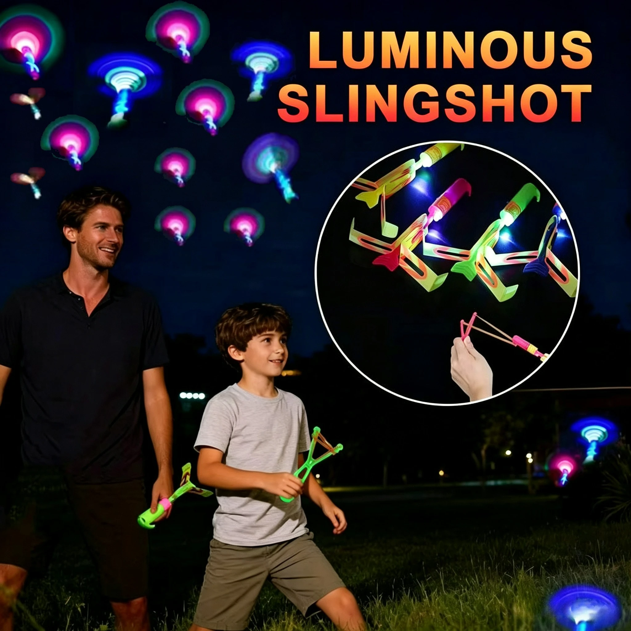 LED Slingshot Flying Copters Light-Up Arrow Rocket Toys, Outdoor Party Favors Glow in The Dark Helicopters for Kids