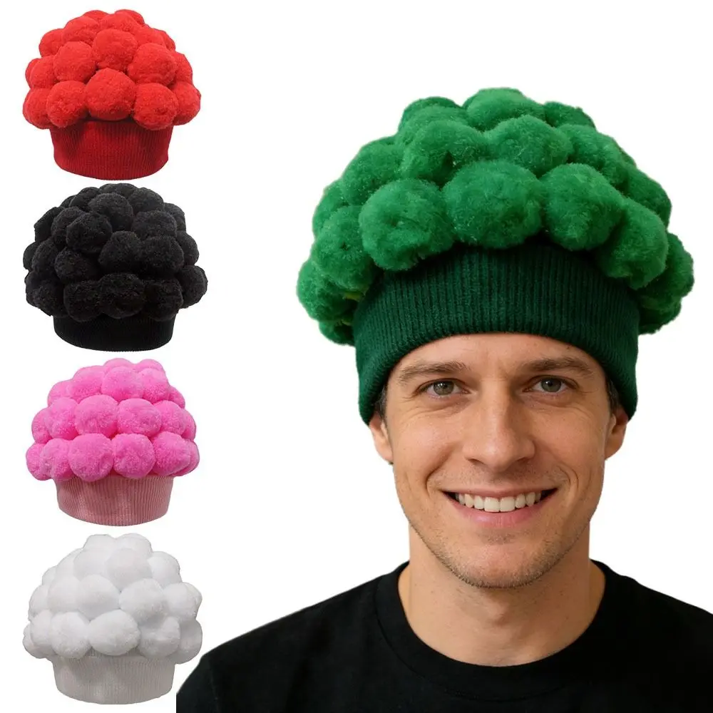 Knitted Broccoli Hat Warm Lining Pompom Decoration Vegetable Beanie Cap Coldproof Breathable Novelty Headgear Cosplay Events