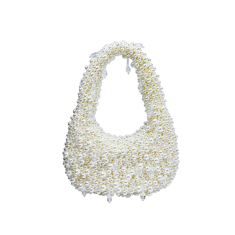 NONE Français rétro haut de gamme fait à la main perle imitation boulettes de perles fourre-tout banquet socialite nuage aisselle sac de dîner à main 3