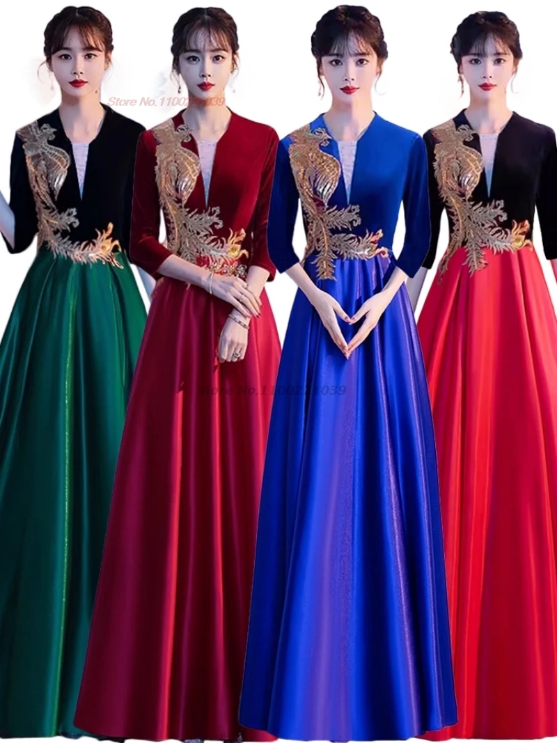 2024 chinese chorus dress traditional flower embroidery velvet patchwork hanfu stage performance team recited evening dress