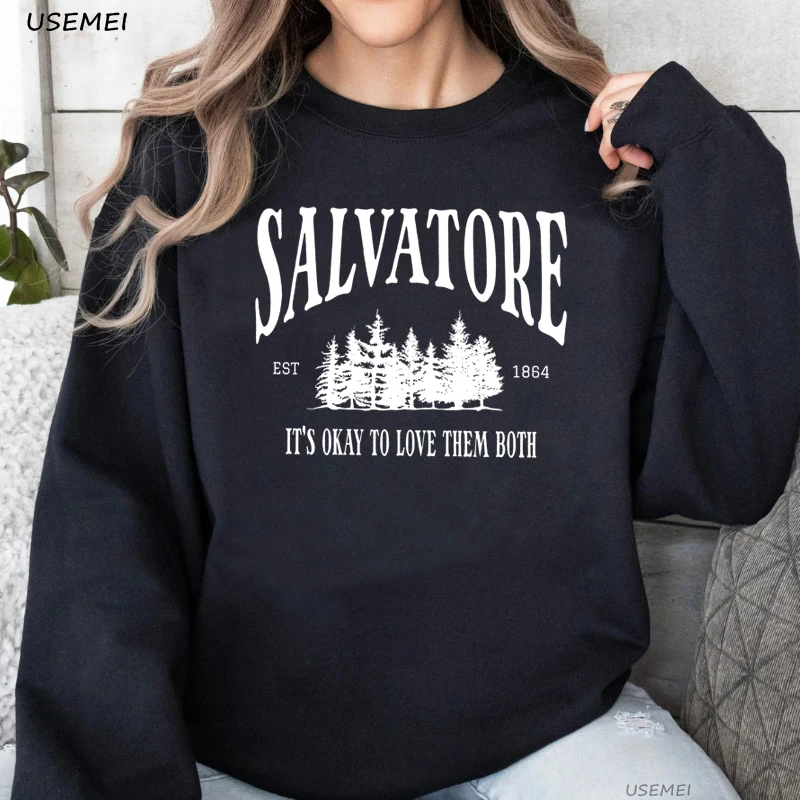 Mystic Falls Virginia เสื้อ Salvatore Brothers Damon Salvatore 1864 Crewneck เสื้อกันหนาวฤดูใบไม้ผลิฤดูใบไม้ร่วง Pullover Hooded