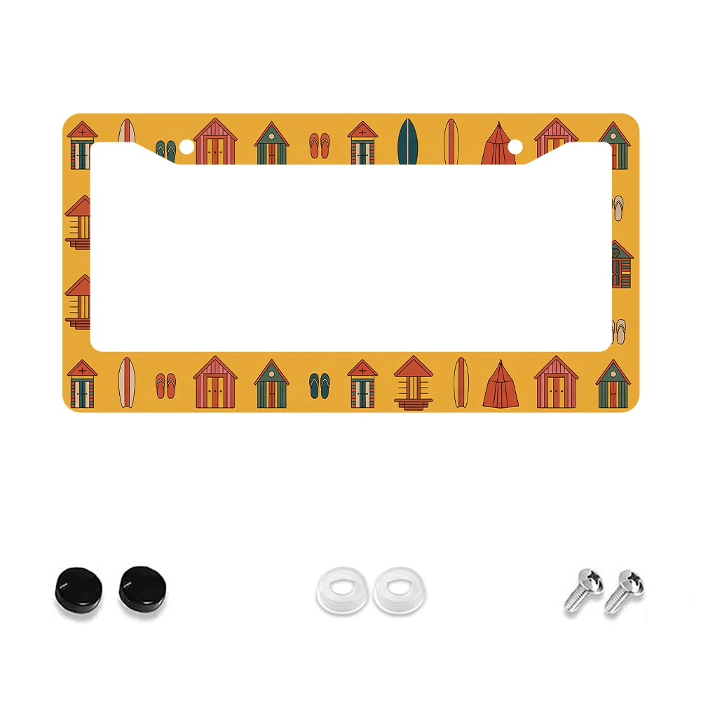 

1pc Retro Beach House Pattern 2-Hole License Plate Frame, Orange Color Aluminum Material, 6x12 Inches with Screw Set, Fun Car D