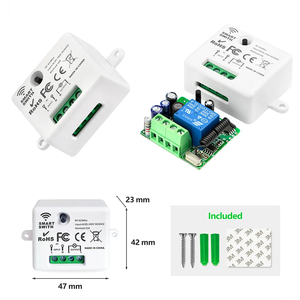 433mhz Universal Remote Control Switch AC 110 220V 10A 1Ch Relay Receiver and 2 Button RF Transmitter for Led Fan Home Appliance