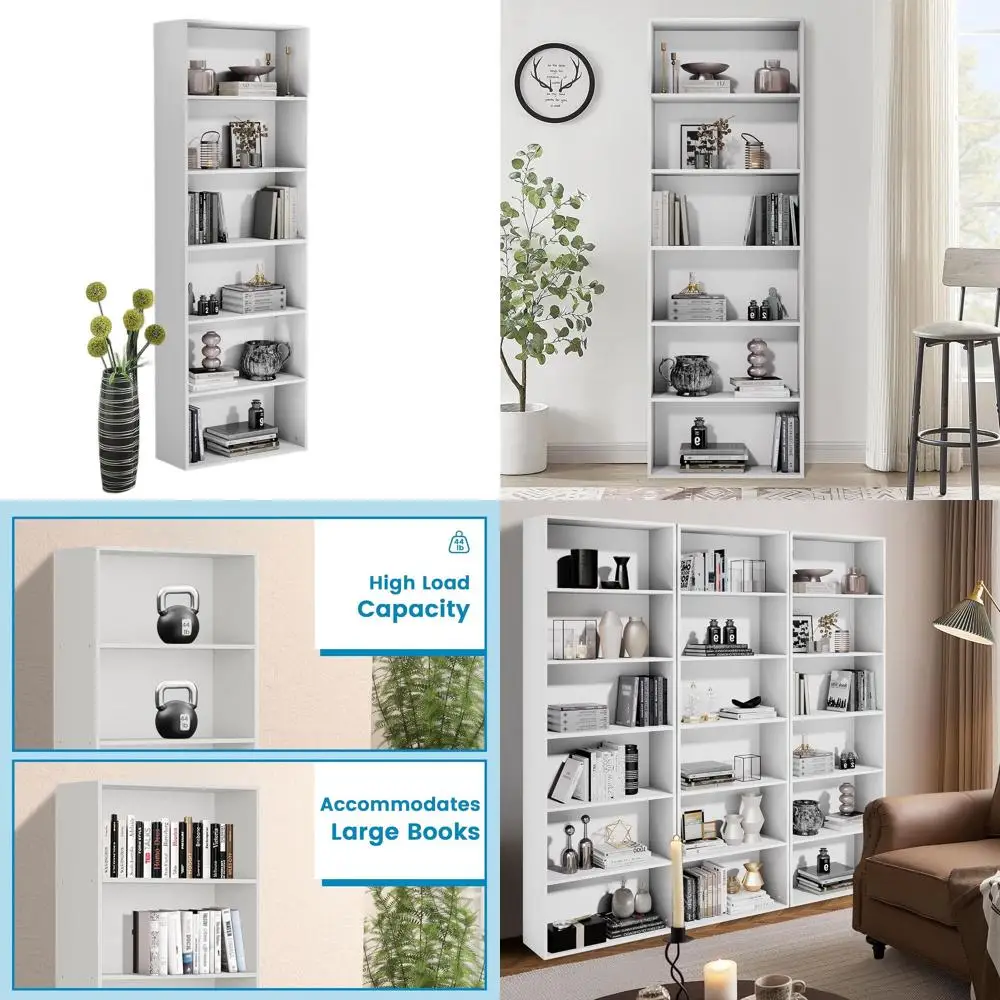 

6-Tier Tall Bookshelf, Spacious Storage Display Unit, White Floor Standing Bookcase for Home & Office