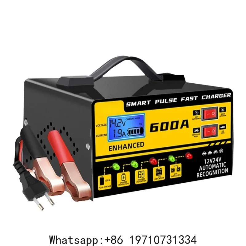 Intelligent Pulse Repair Voltage Temperature Detection 12V 24V 600A Car Battery Charger Digital LCD Display Automatic Stop