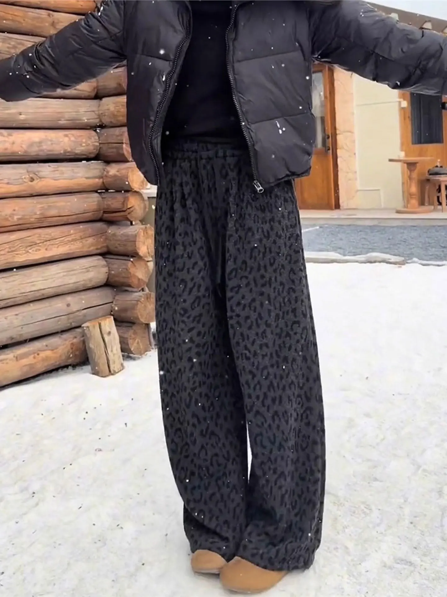 

Thiened прямые брюки с леопардовым принтом, зимние женские свободные брюки больших размеров, закрывающие бедра, повседневные широкие брюки для ленивых