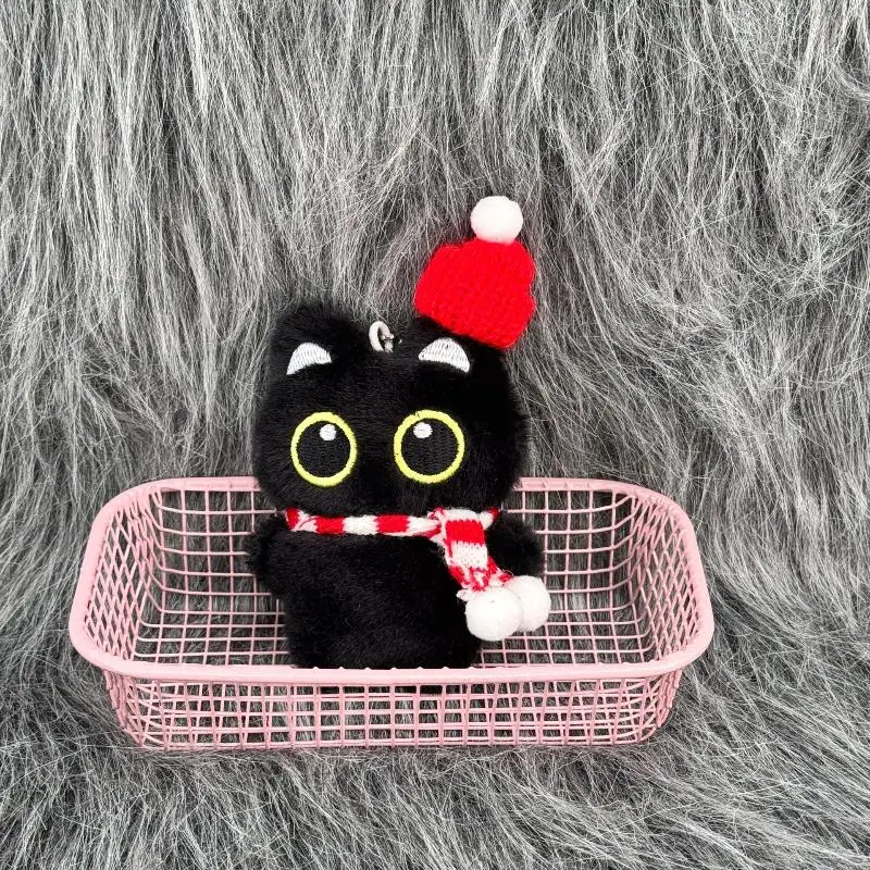 LLavero de gato negro de peluche de Navidad con dibujos animados, muñeco de peluche suave Kawaii, mochila, decoración colgante, regalo para pareja