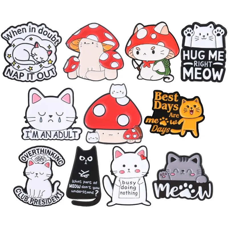 Funny Cats Enamel Pins Overthinking Club Brooch Hug Me Right Meow Lapel Badge Mushroom Hat Animal Jewelry Gift For Friends
