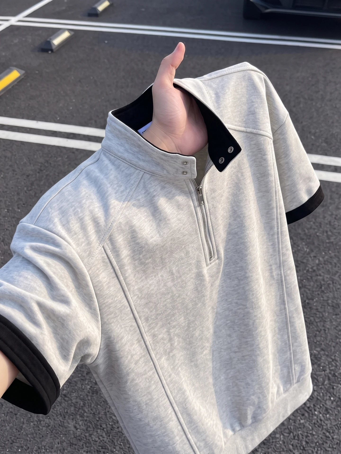 Cleanfit Color Block Half Zip Short Sleeve Men's Summer T-Shirt Stand Collar Heavyweight  Shirt Deconstructed Design Trendy
