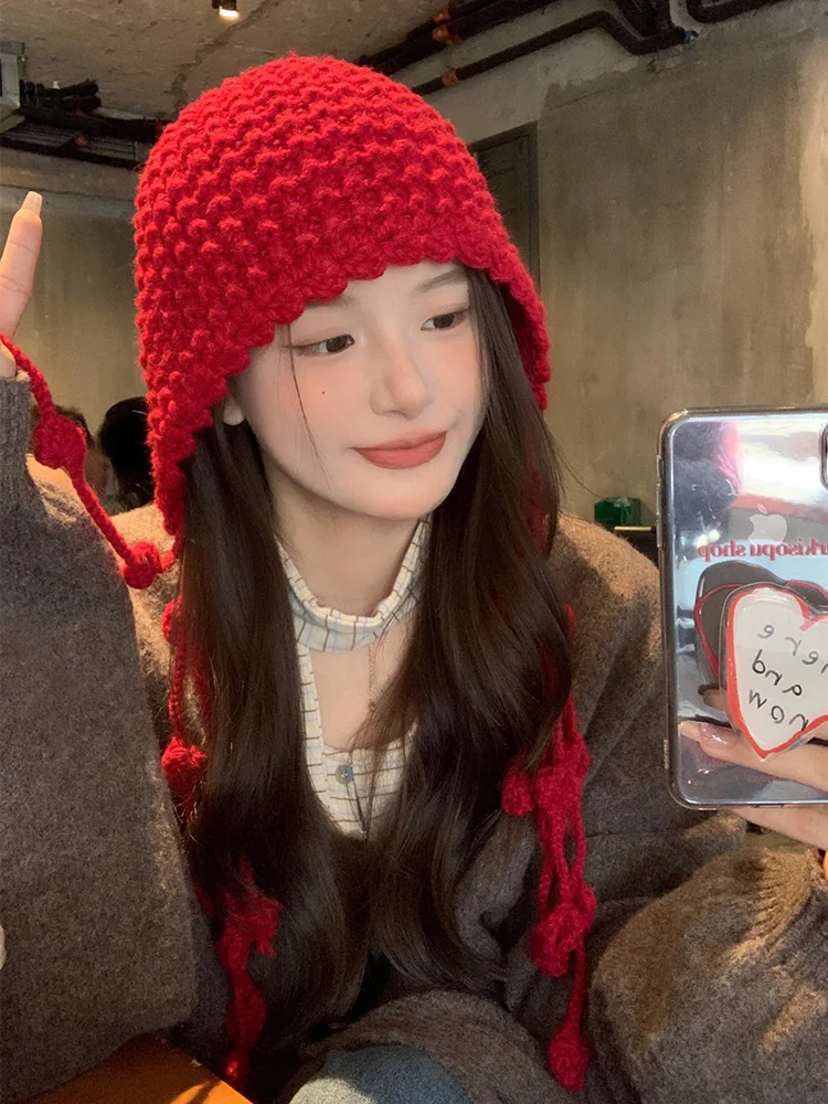 Thick Knitted Hat for Women Autumn Winter Warm Japanese Style Handmade Hook Line Ball Yarn Cap Sweet Cute Tassel Short Brim