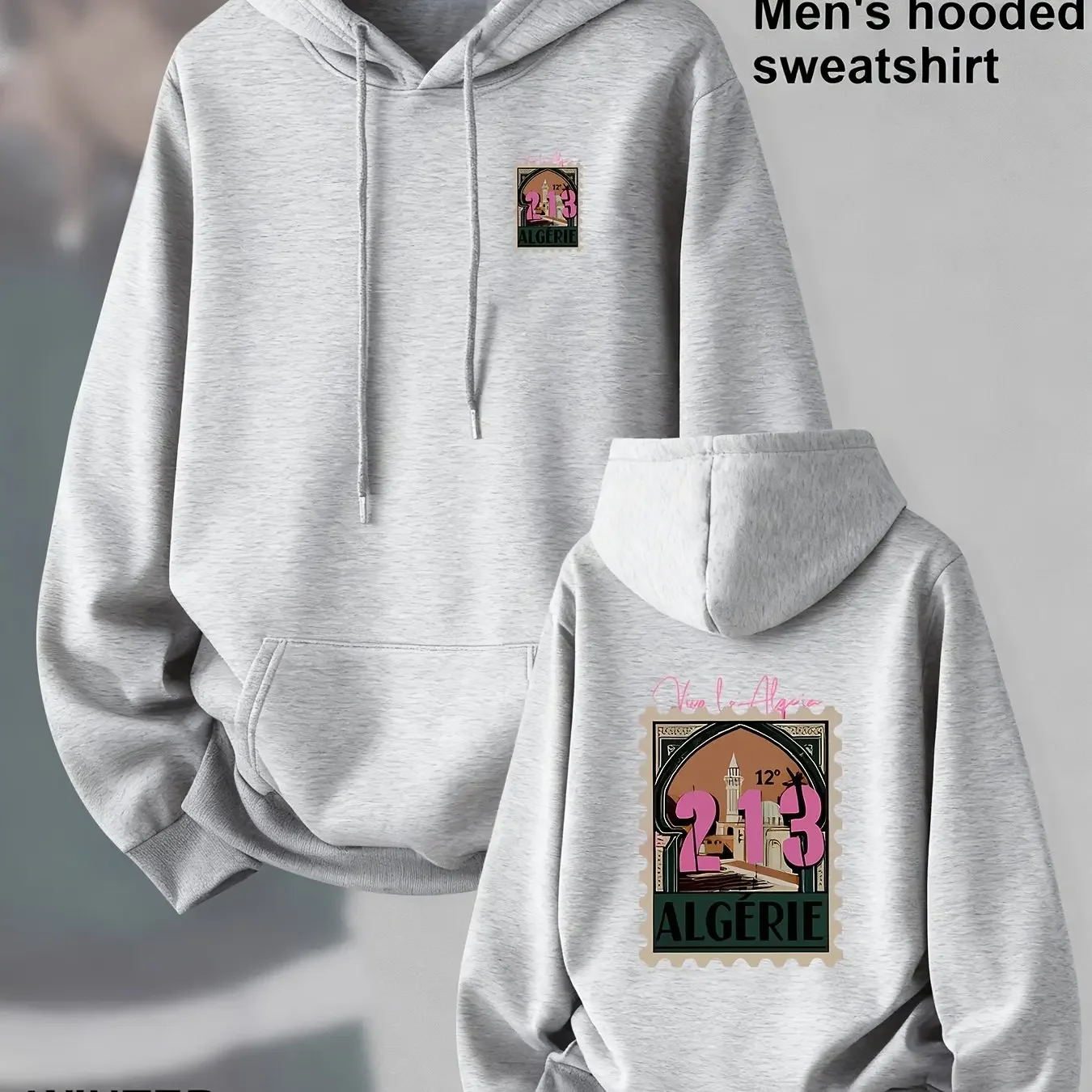 Men Centered Back Postage Stamp Algeria Print Hoodie Large Area Code Letter Lightweight Daily Casual Hooded Top