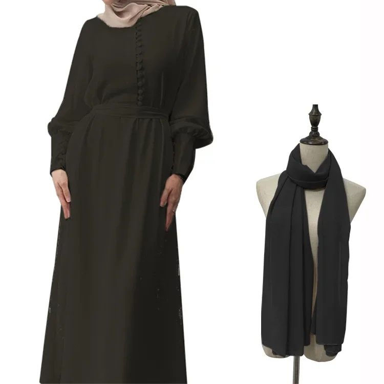 Women's Fashion Elegant Front Buttons Abaya Dress+ Scarf Suit  High Waist 2 Pcs Muslim Sets Chiffon Abaya Arab Kaftan Robes Set