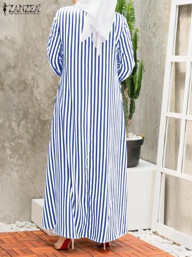 2024 ZANZEA Autumn Striped Maxi Dress  Women Long Sleeve Muslim Dress Abaya Dubai Sundress Robe Islamic Hijab Vestidos Kaftan