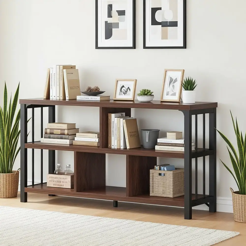 

Горизонтальный книжный стеллаж, промышленный органайзер-куб для хранения, широкая книжная полка для спальни и гостиной, низкий стеллаж из дерева и металла в деревенском стиле