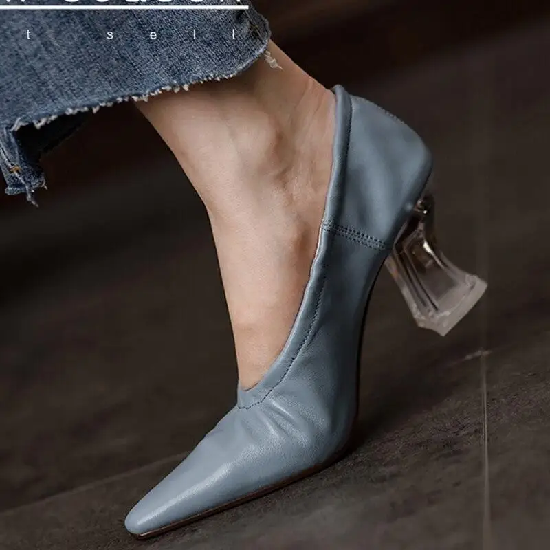 2026 new women pumps spring autumn Natural Leather  Plus Size 22-26.5cm Soft Sheepskin+pigskin Pointed toe Crystal Heel Shoes