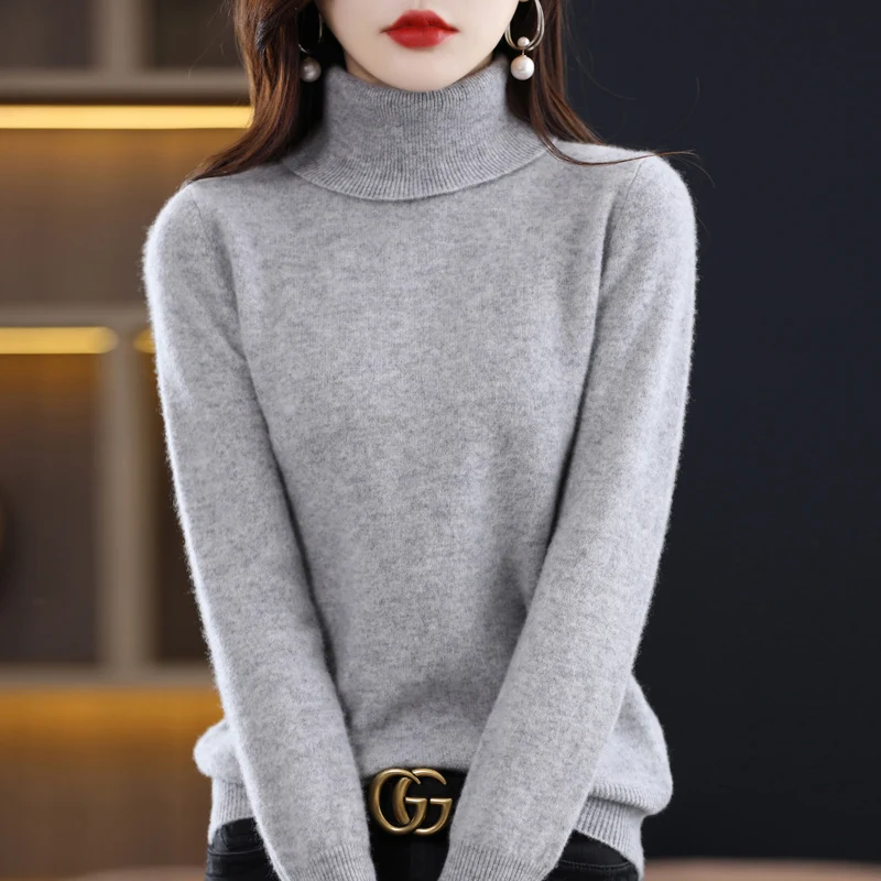 New 100% authentic sweater female turtleneck loose high-end atmosphere plus size sweater solid color knitted bottoming shirt.