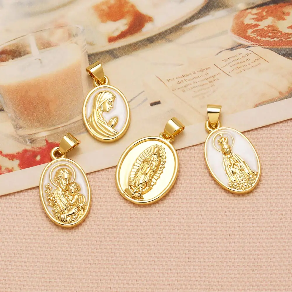 OCESRIO Gold Virgin Mary Pendant Enamel Catholic Saint Medal Charms for Necklace DIY Jewelry Making Crafts Handmade pdtb985