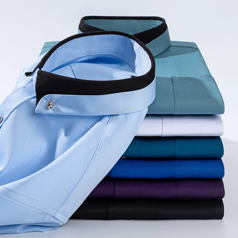For Men's Business Dress Shirts Male Formal Button-Down Social Patchwork Collar Camisa Social Elastic Anti-wrinkle Casual Shirt