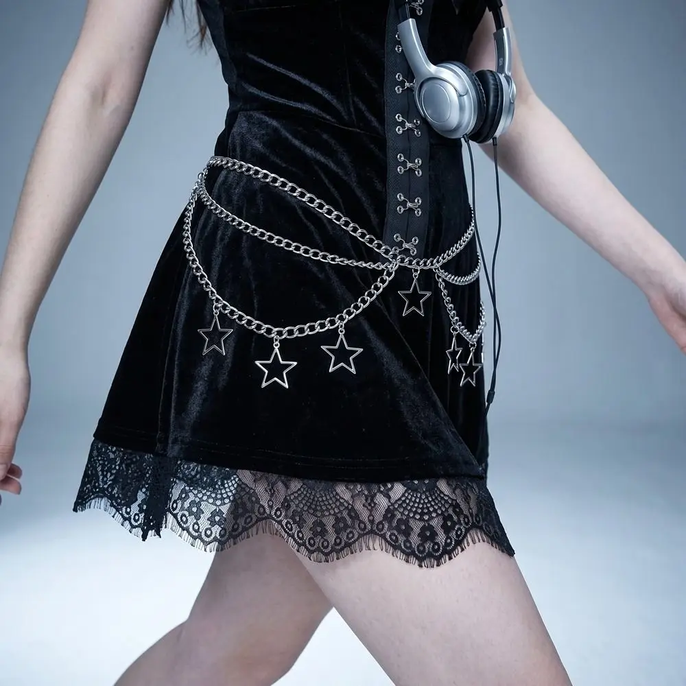 Hollow Out Five-Pointed Star Waist Chain Gold Color Y2K Metal Waist Chain Double-layer Goth Bohemian Body Chain