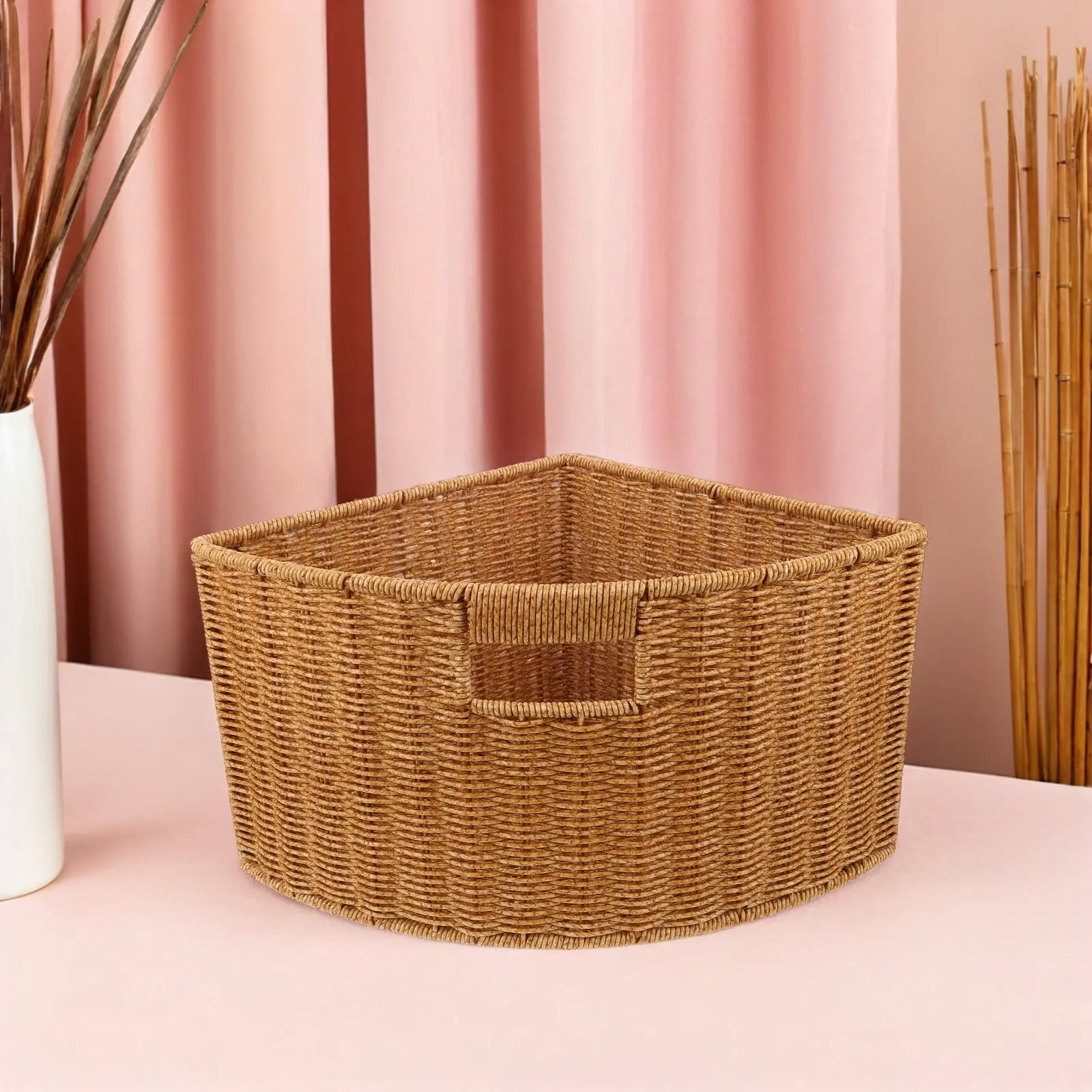 

Triangle Imitation Rattan Corner Basket Plastic Rattan Woven Laundry Basket 15.5x11x8 Inch Closet Bathroom Storage Organizer