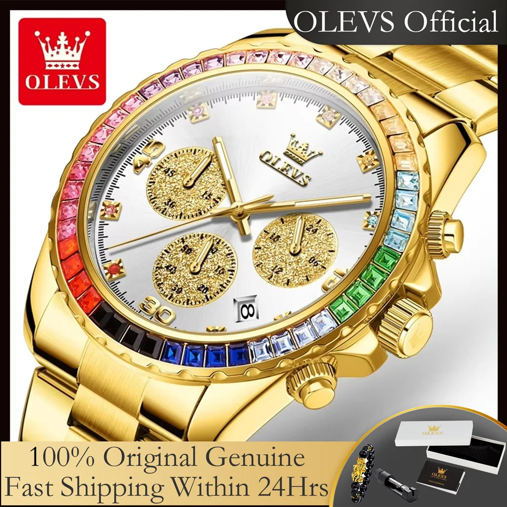 

OLEVS 2939 Colorful Diamond Dial Gold Quartz Watches for Men Original Luxury Brand Waterproof Multifunctional Men's Wrist Watch