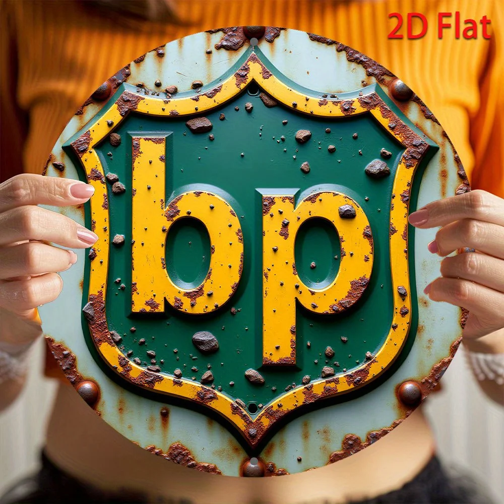 2D Flaches, Vintage BP Logo-Schild - Runde Aluminium-Metallwanddekoration mit Retro BP-Buchstaben, Grüne & Gelbe Rustikale Dekoration für Zuhause