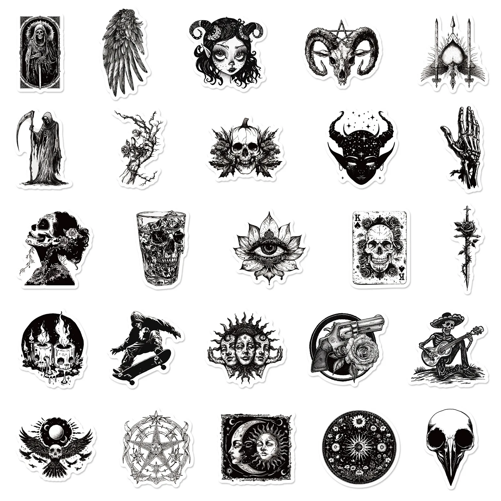 10/30/50PCS Black And White Stickers Gothic Horror Punk Style Gothic Skeleton Graffiti Skateboard Laptop Luggage Sticker Decal 5