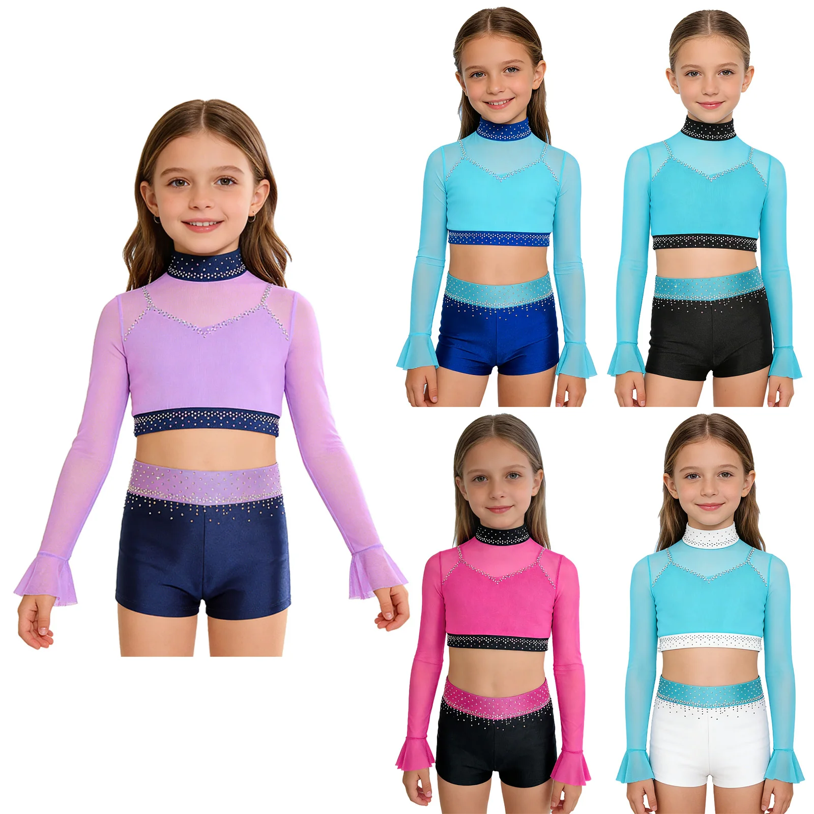 

Kids Girls Figure Skating Artistic Gymnastic Performance Costume Long Flared Sleeves Mesh Shiny Rhinestones Crop Top with Shorts