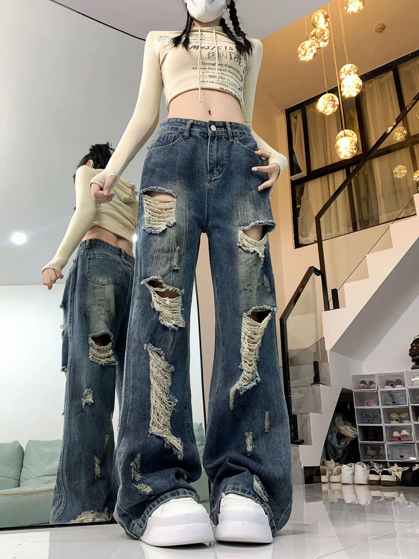 American Style Loose Wide Leg Denim Pants Women's Lazy Loose Feeling Jeans High Street Style Hole Punching Floor Length