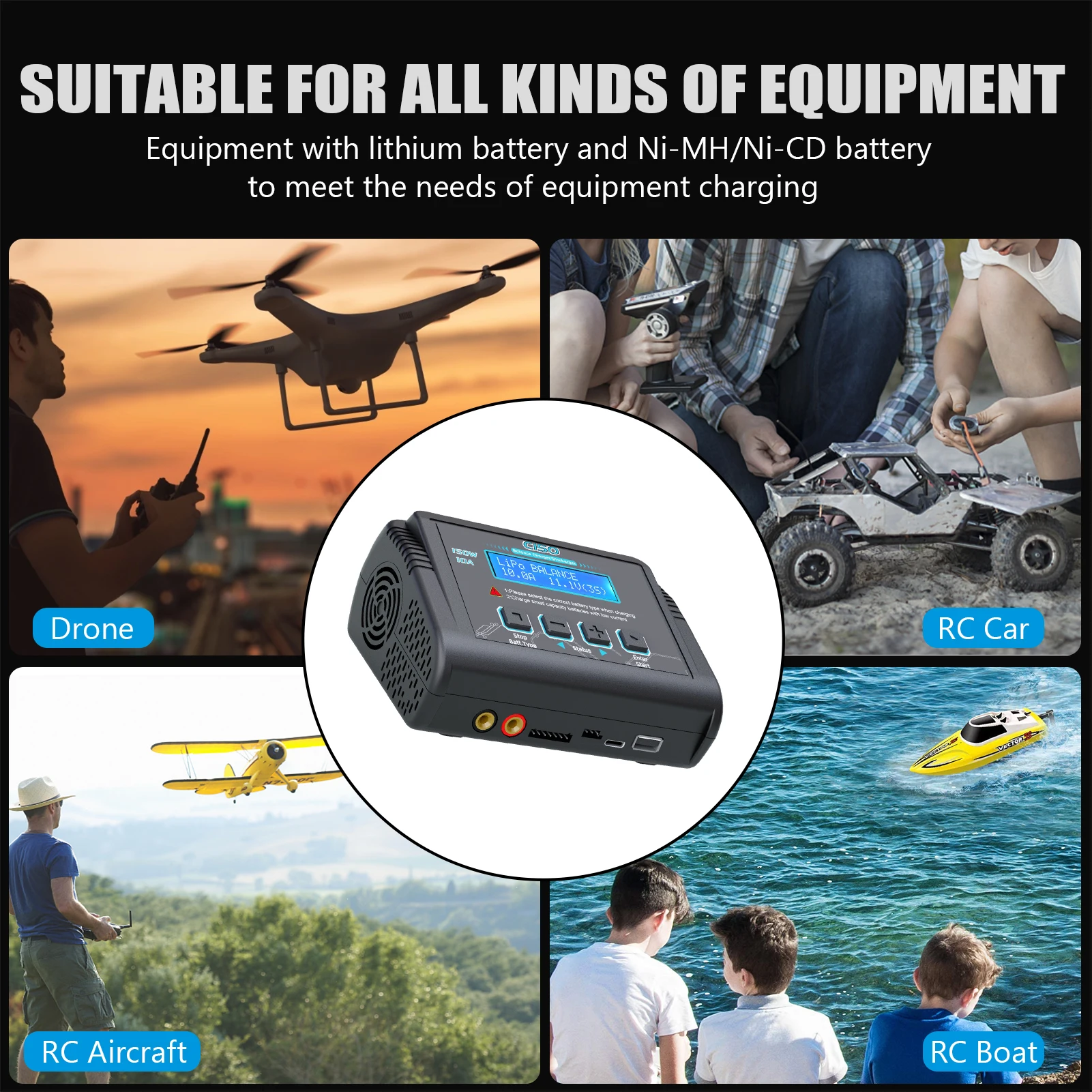 HTRC C150 Smart RC Balance Charger Discharger AC/DC 150W 10A for LiPo LiHV LiFe Li‑ion NiCd NiMh Pb Battery With Cables