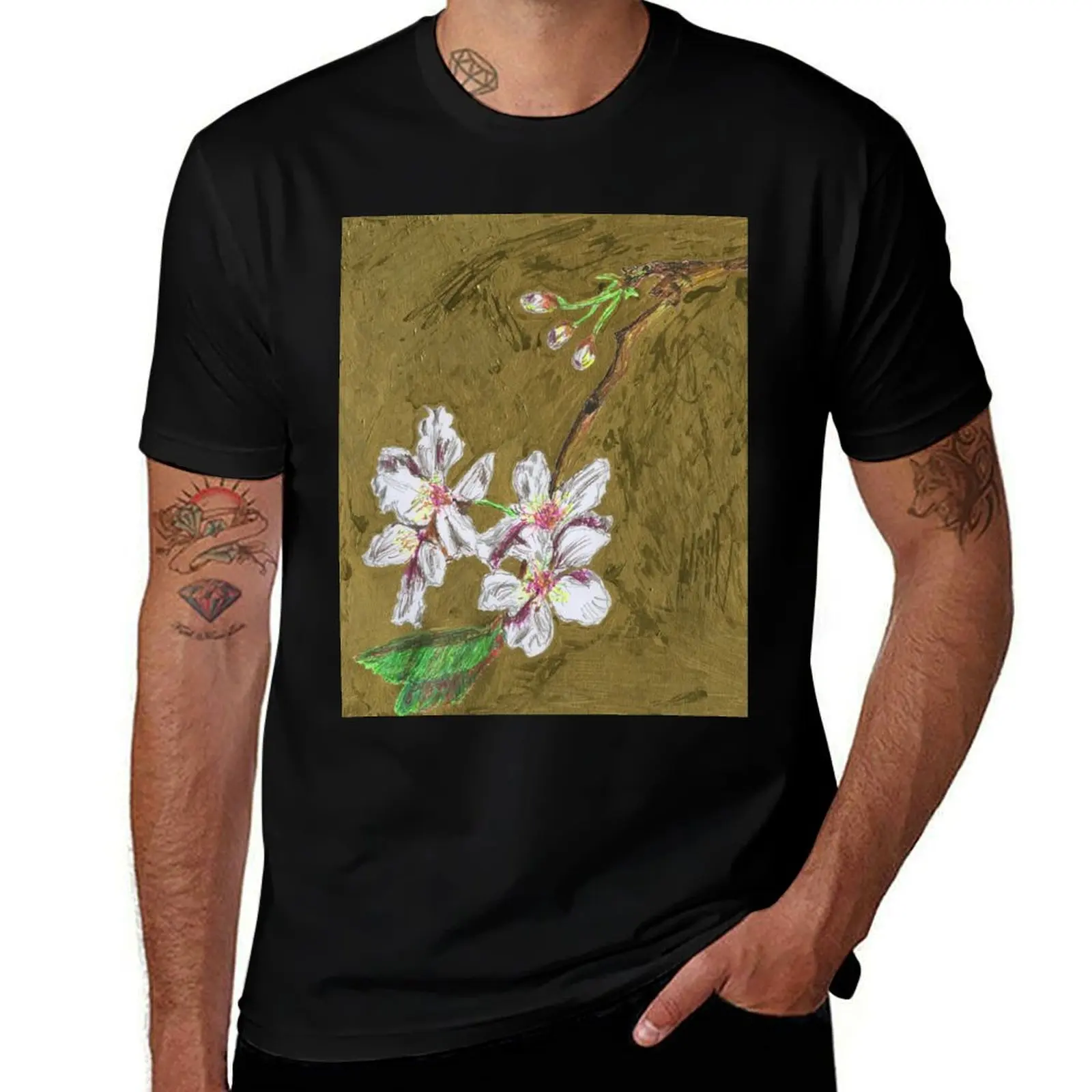 

Ephemeral White Cherry Blossom on Gold T-Shirt cotton t shirt man t shirt man cotton T-shirt
