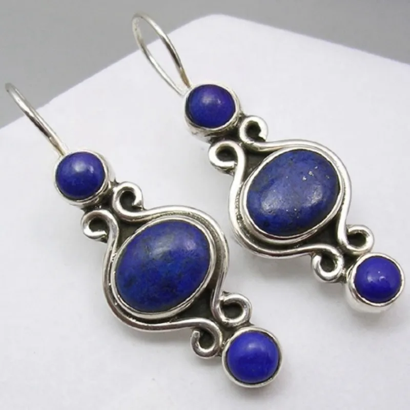 Ethnische ovale, eingelegte, imitierte Lapislazuli-Ohrhänger für Damen, Vintage-Design, silberfarbenes Metall, handgeschnitzt