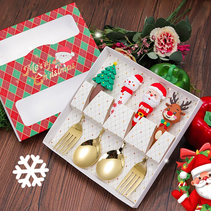 4PC/2PCS Christmas Tableware Set Coffee Spoons Set 304 Stainless Steel Fork Dessert Chopsticks New Year Decoration for Tableware