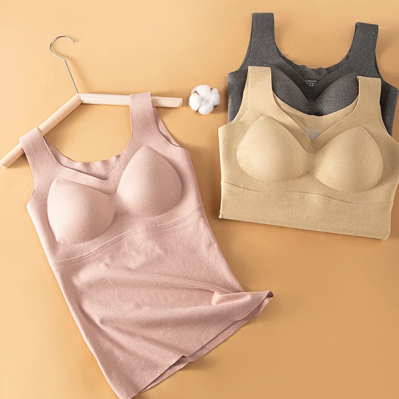 Autumn and Winter Velvet Thermal Vest Women's Underwear Seamless Invisible Inner Wear with Chest Pads Bra-free Bottoming Shirt