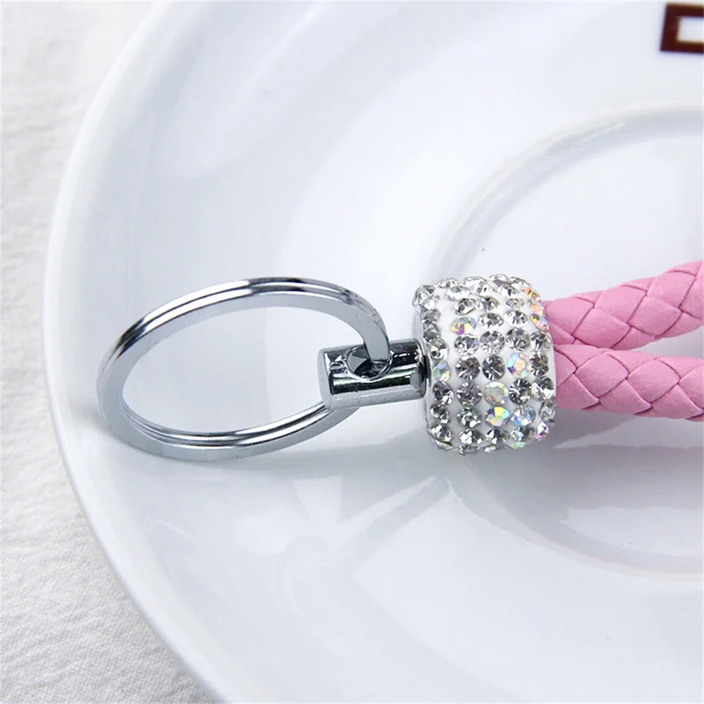 Handmade PU Leather Rope Keychains Sparkling Crystal Key Chains For Women Men Girl Key Holder Car Bag Accessories Gift Keyring